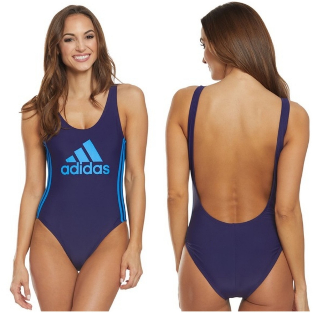 Adidas Logo One-Piece Deep Back Stripe Swim Suit